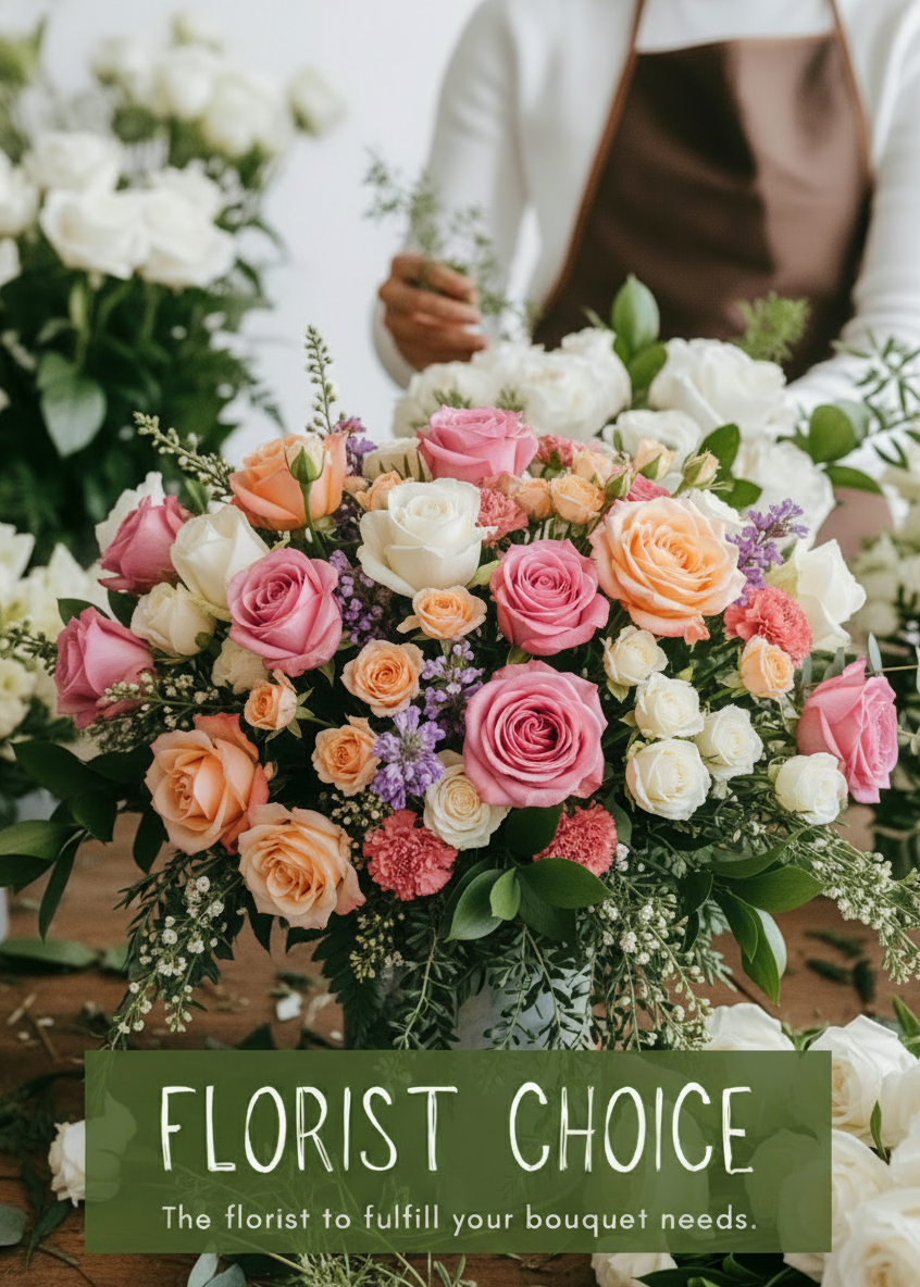 A hand-tied bouquet with white and green flowers, labeled 'FLORIST CHOICE' on the front.