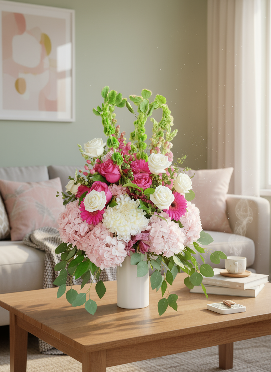 Floral arrangement with pink, white, and green flowers in a white vase on a wooden surface.