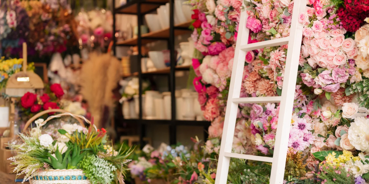 Floral arrangements and a ladder in a flower shop setting