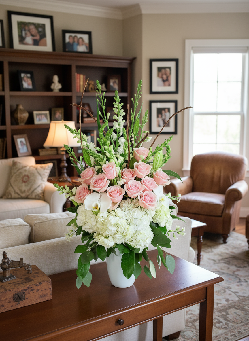 Bouquet of pink roses and white hydrangeas in a white vase on a light background