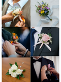 A six-panel collage showing wedding floral accessories in use and displayed: a boutonniere pinned to a suit jacket, a bouquet with a pale blue ribbon, another boutonniere being pinned, a pink rose boutonniere on a dark suit, a white rose boutonniere on a wooden table, and a close-up of hands pinning a pink flower to a tuxedo.