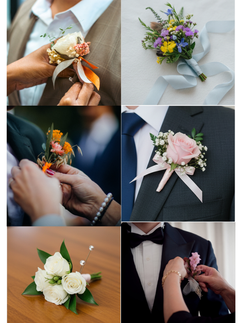 A six-panel collage showing wedding floral accessories in use and displayed: a boutonniere pinned to a suit jacket, a bouquet with a pale blue ribbon, another boutonniere being pinned, a pink rose boutonniere on a dark suit, a white rose boutonniere on a wooden table, and a close-up of hands pinning a pink flower to a tuxedo.