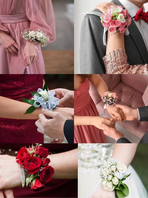 A six-panel collage showing wedding and formal wear, with close-up views of wrist and forearm flower accessories worn by couples. The floral wristpieces include pink roses with white filler, a pale blue and white bouquet, a red rose arrangement, and white flowers with green leaves, styled on bridesmaids' and groom's forearms.