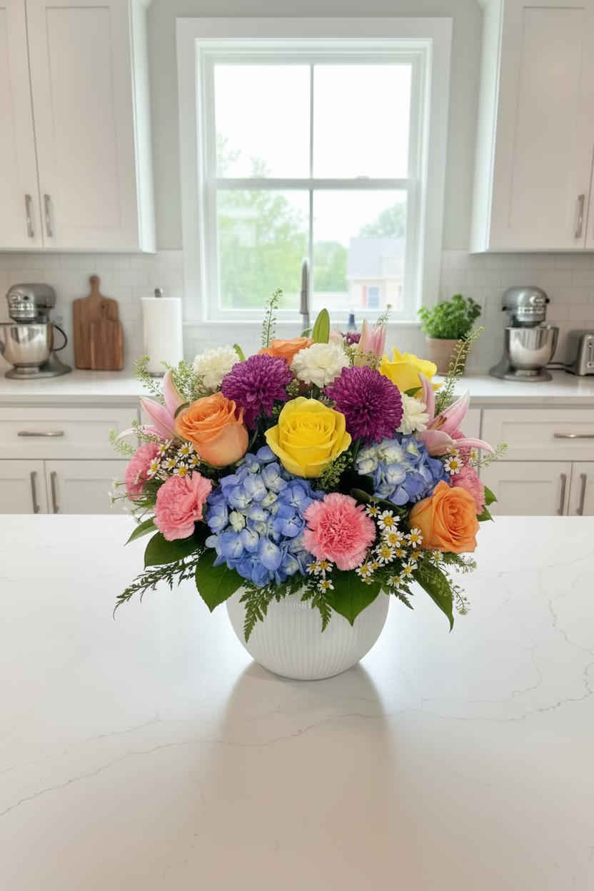 Colorful flower bouquet in a white vase on a table