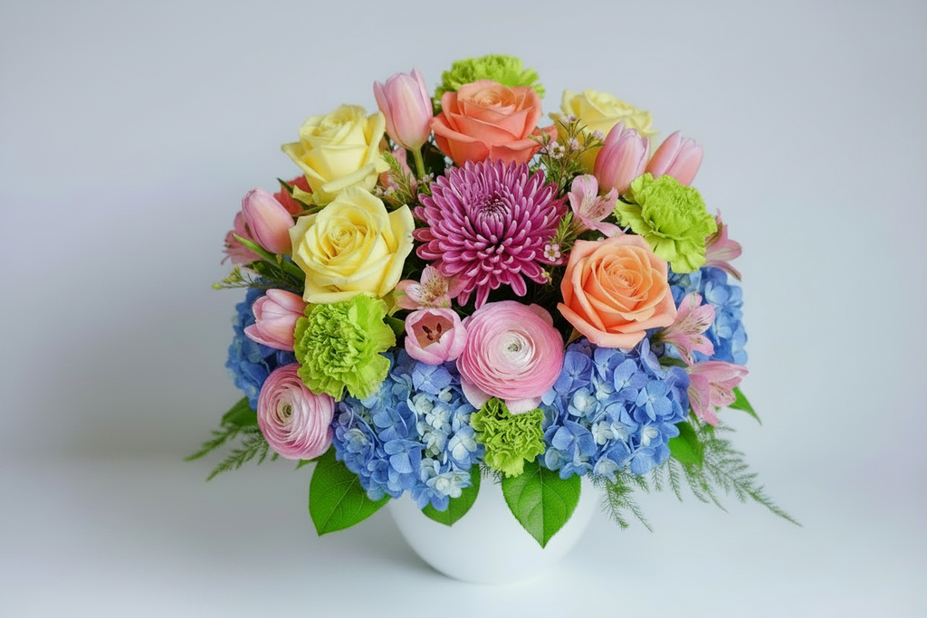 Colorful flower arrangement with red, pink, green, and blue flowers in a white vase on a light grey background.