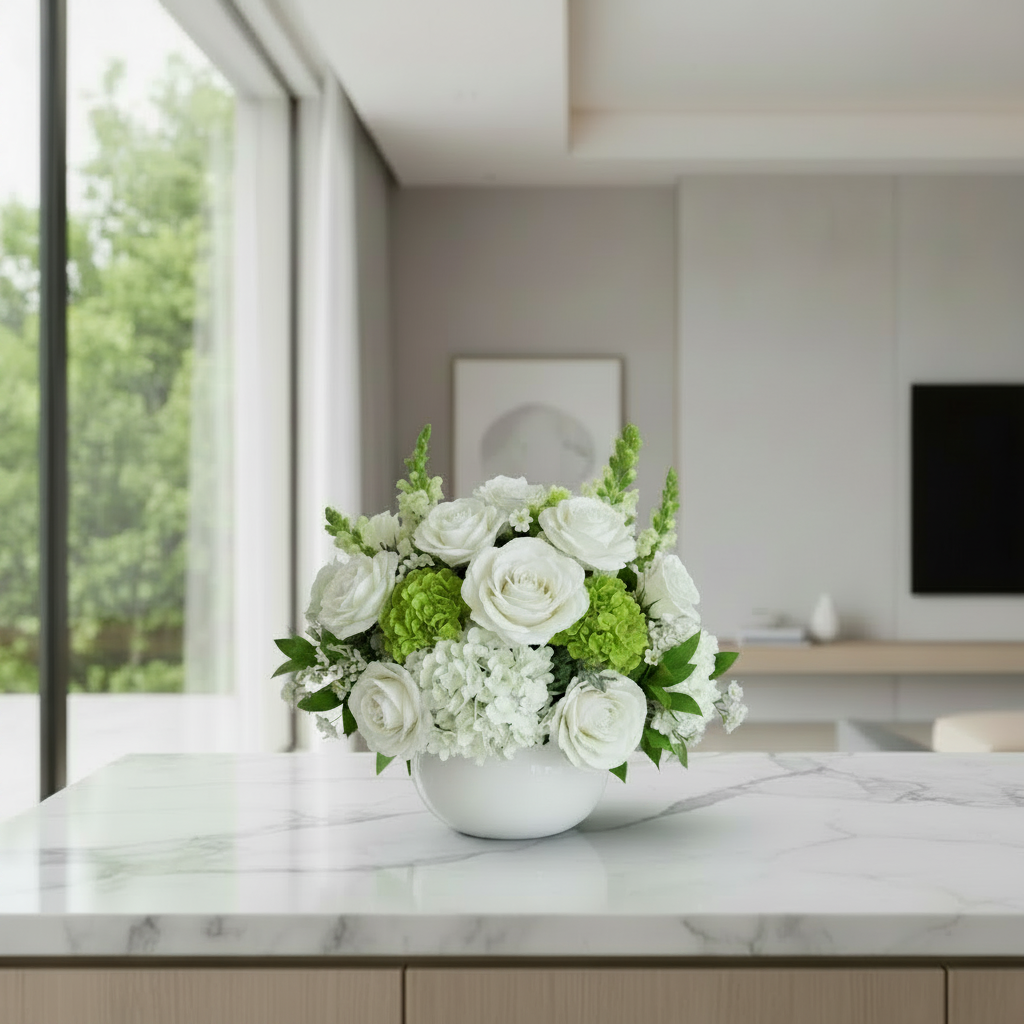 Bouquet of pink and white flowers in a white vase on a marble countertop in a modern kitchen.