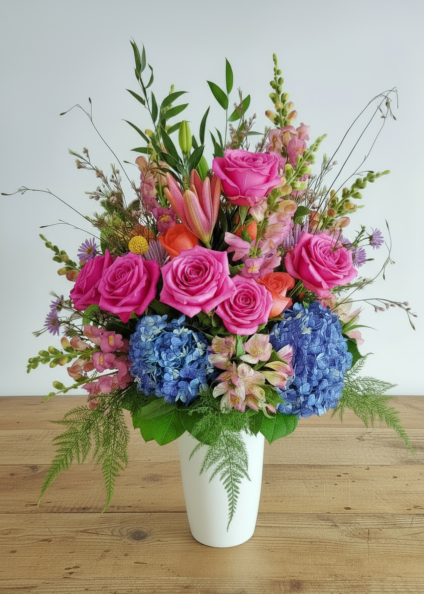 Bouquet of pink and blue flowers in a white vase on a wooden surface with a light gray background