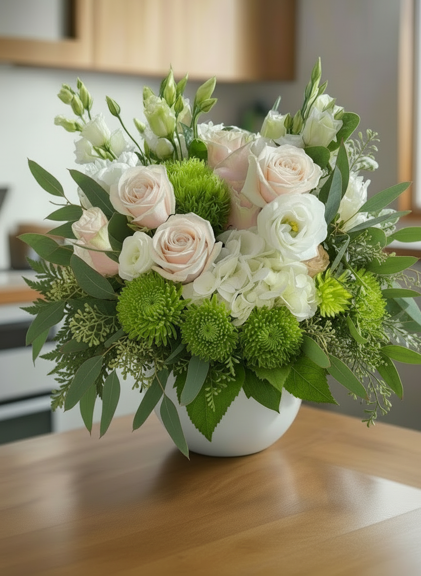 Floral arrangement in a kitchen setting with wooden cabinets and a window.