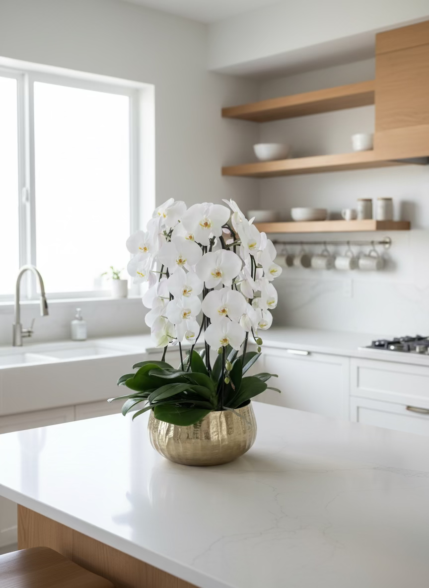 White orchid in a silver pot on a kitchen counter with wooden shelves and white cabinets.