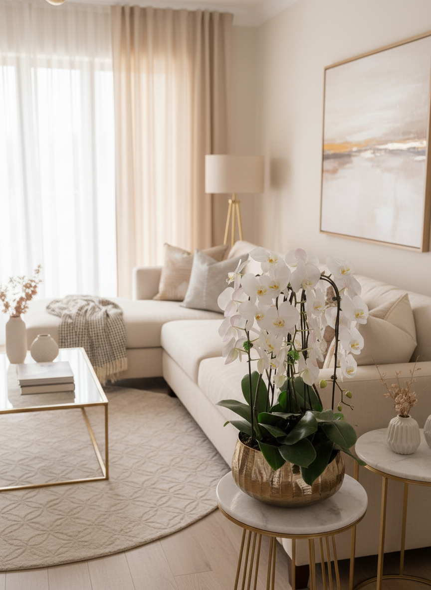 Modern living room with a white sofa, coffee table, and decorative plants.