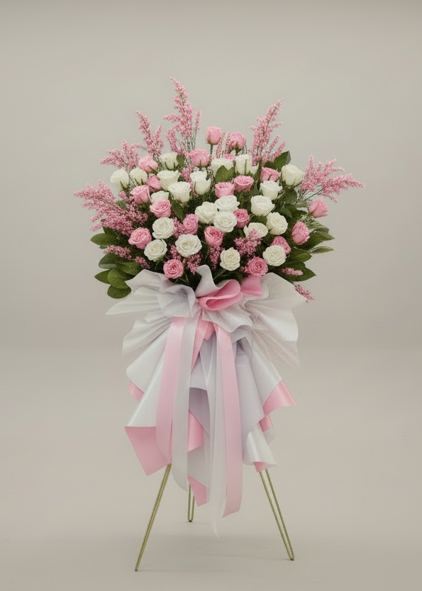 Floral arrangement on a stand with pink and white flowers against a plain background