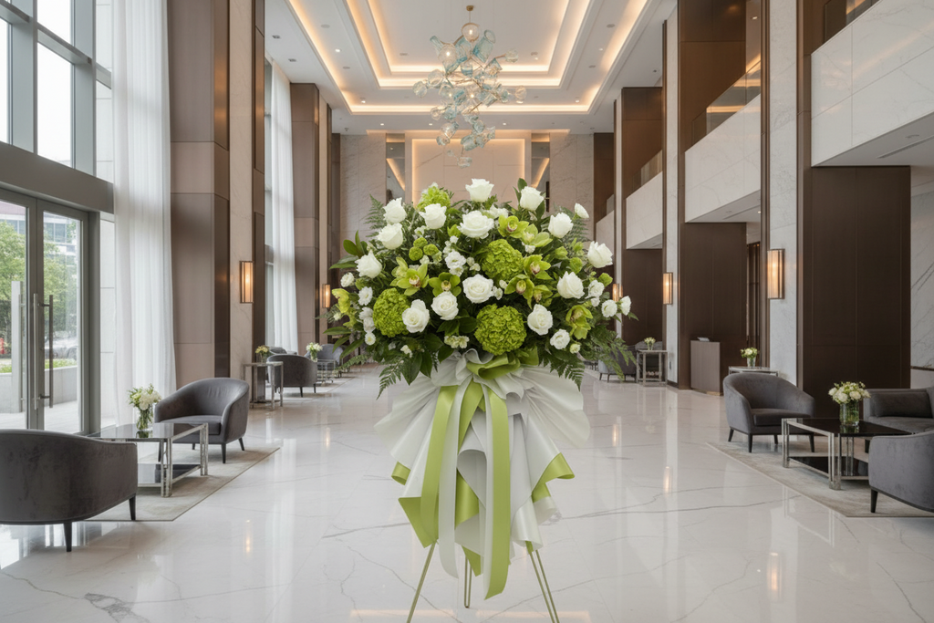 Bouquet of green and white flowers with ribbons on a stand against a plain background