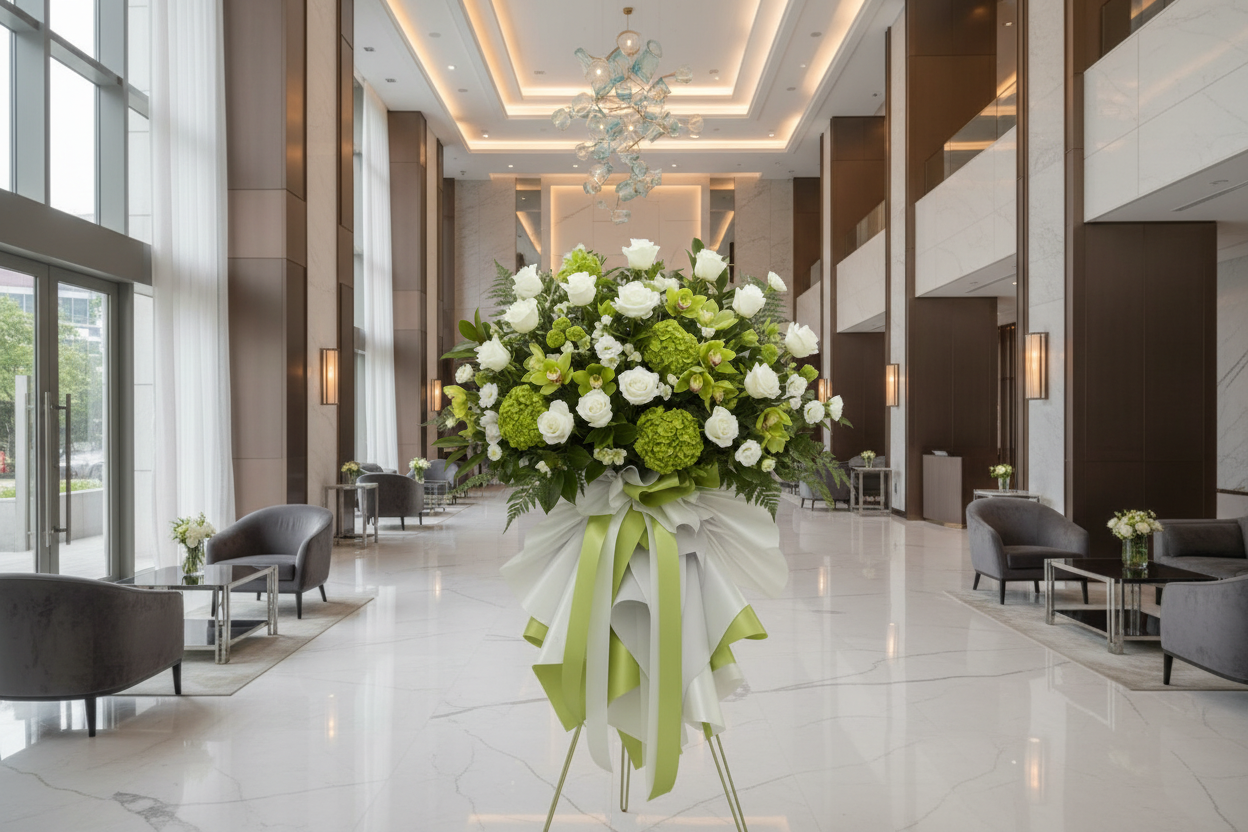 Bouquet of green and white flowers with ribbons on a stand against a plain background