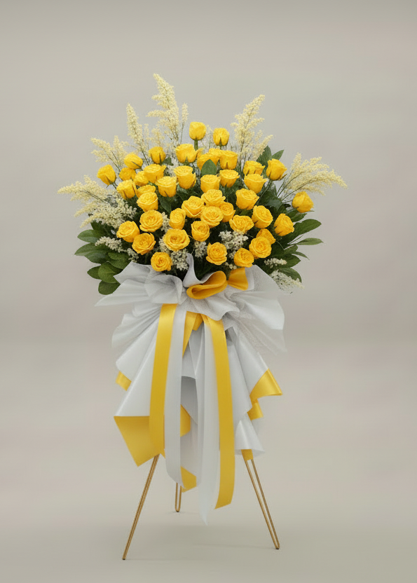 Bouquet of yellow flowers with a white ribbon on a gray background