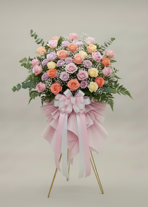 Floral arrangement on a stand with pink ribbons against a light gray background