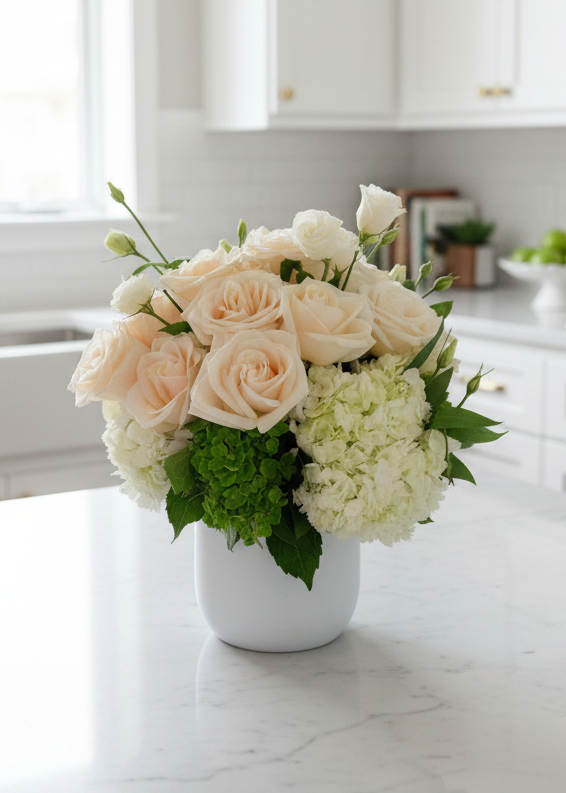 Bouquet of flowers in a white vase on a marble surface with a blurred background