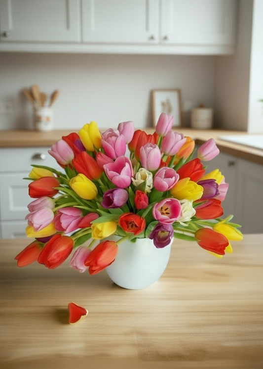 Bouquet of colorful tulips in a white vase on a wooden surface with a light background