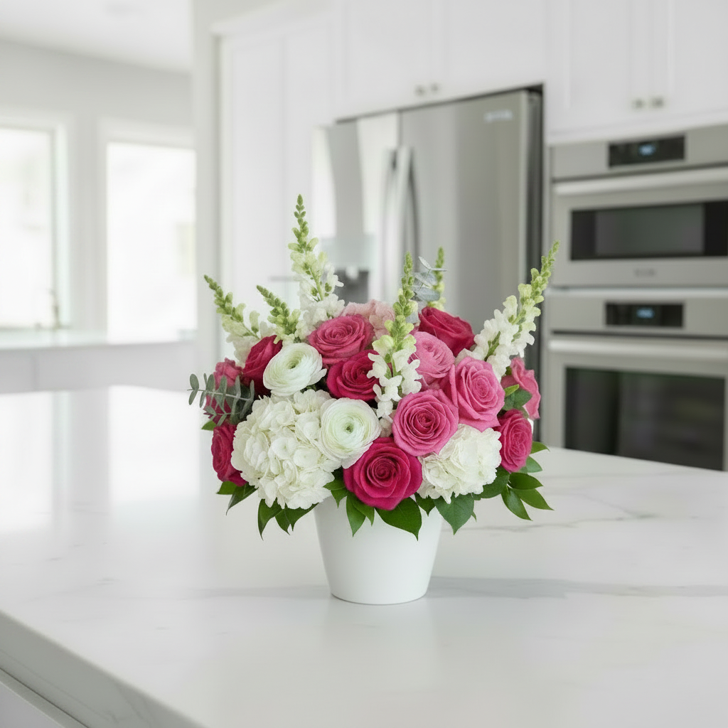 Bouquet of pink and white flowers in a kitchen setting