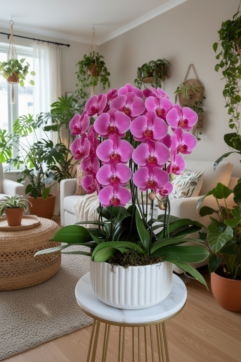 Pink orchid in a pot on a small table with a living room background