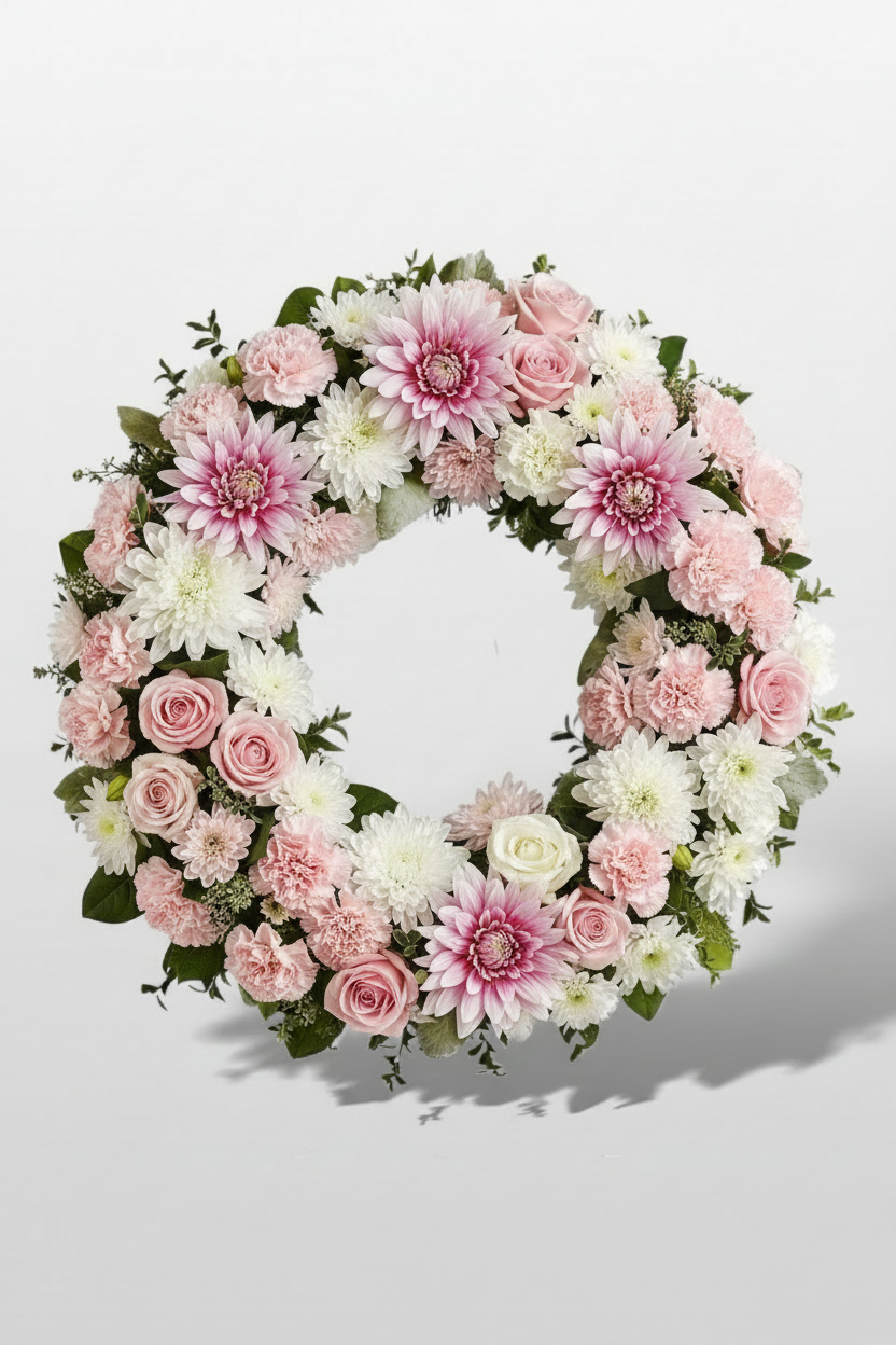 A circular floral wreath featuring pink and white flowers, including roses, chrysanthemums, and carnations, with green foliage, set against a light gray background.