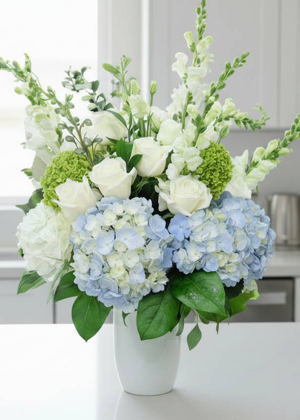 Bouquet of white flowers in a vase on a neutral background