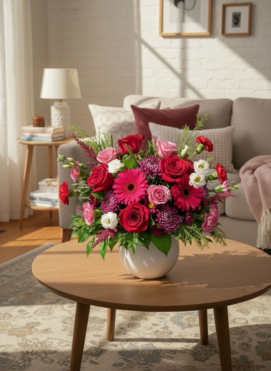 Bouquet of flowers on a wooden coffee table in a living room.