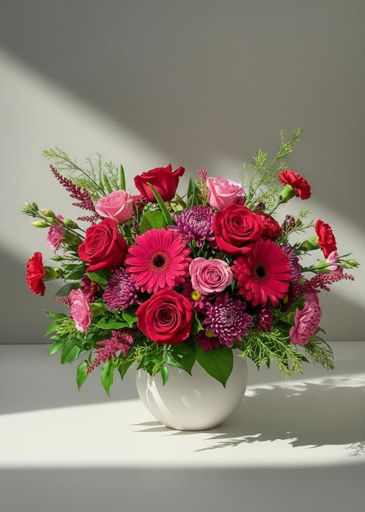 Bouquet of red, pink, and purple flowers in a white vase on a light gray background