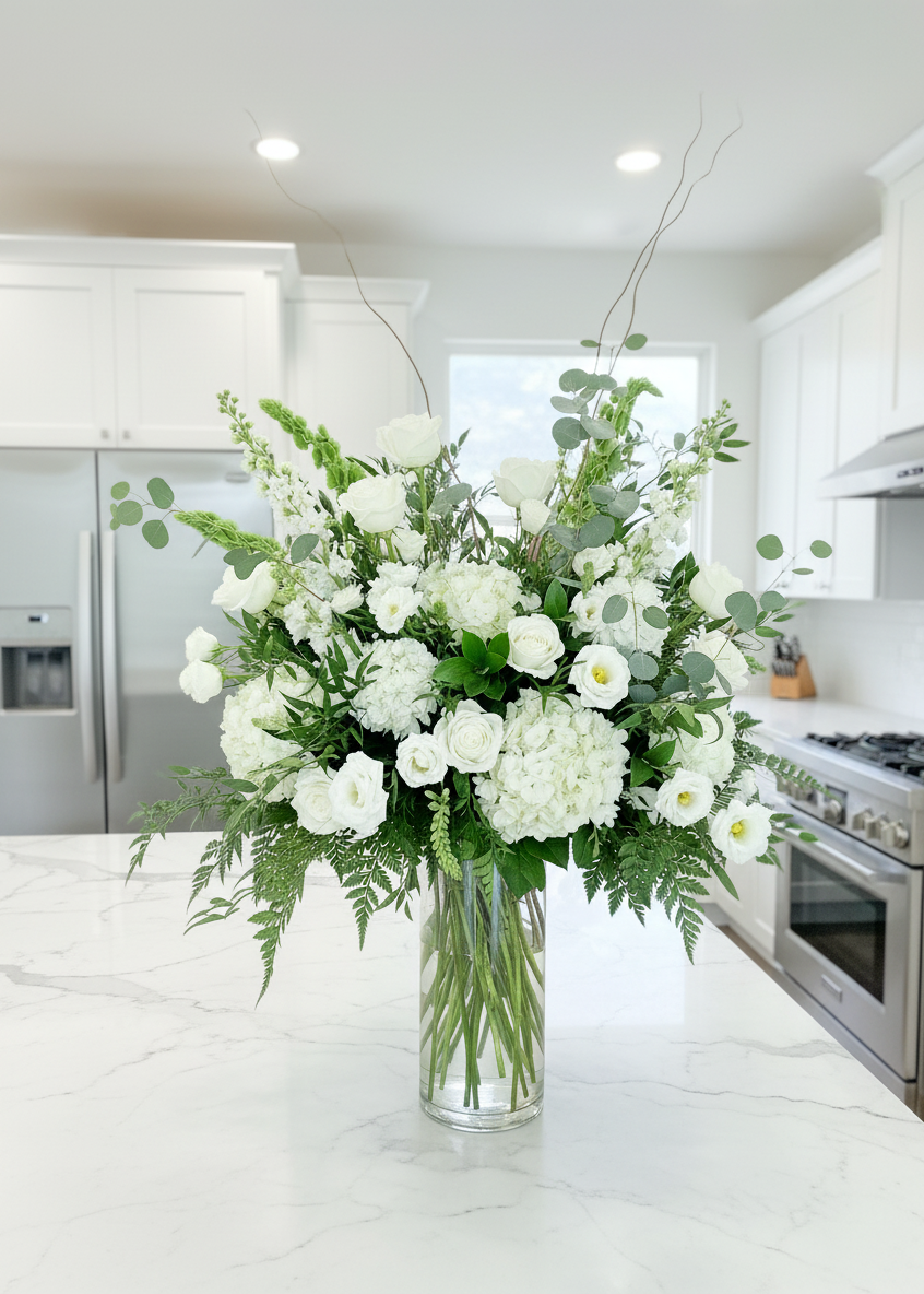 Bouquet of white flowers in a clear vase on a wooden table with a blurred indoor background