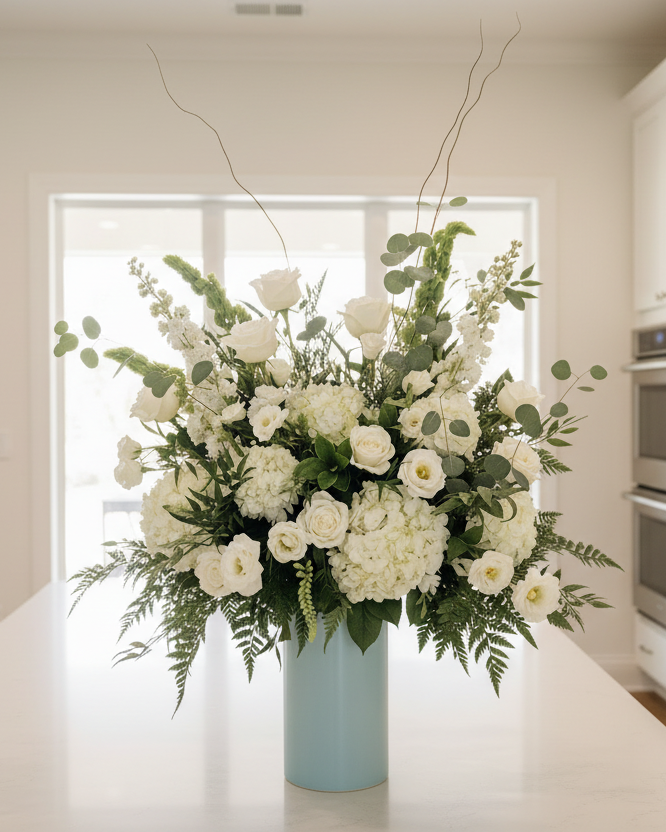 Floral arrangement in a vase on a coffee table in a living room.
