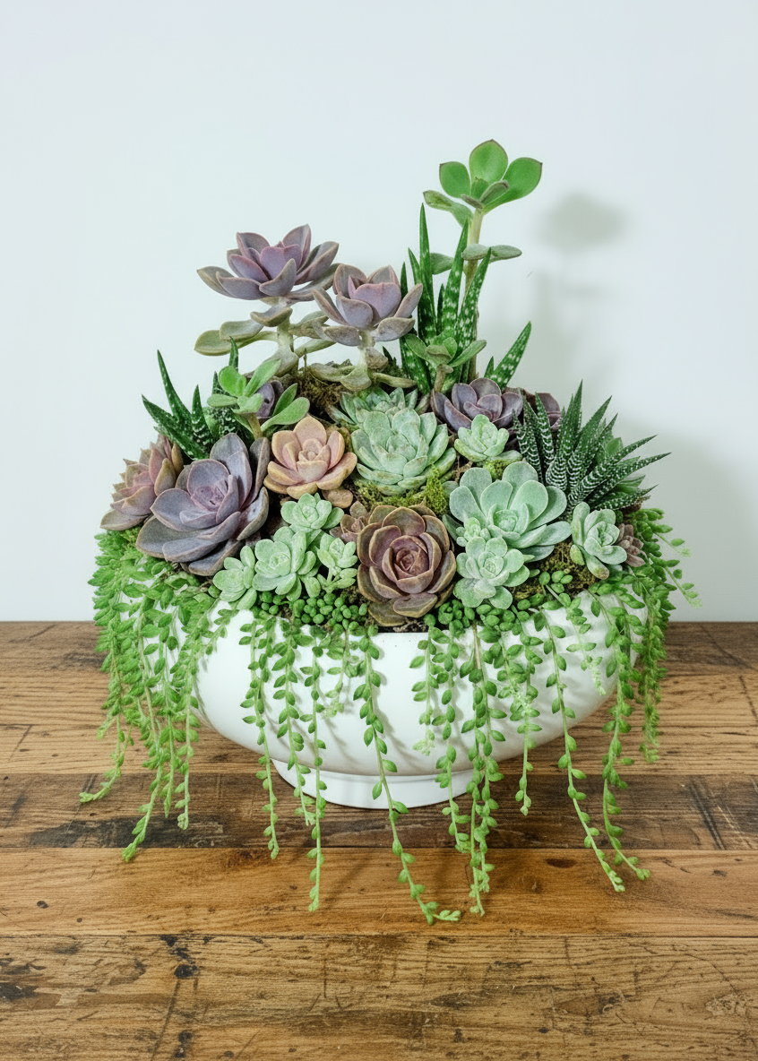 Decorative pot with assorted succulents on a wooden surface