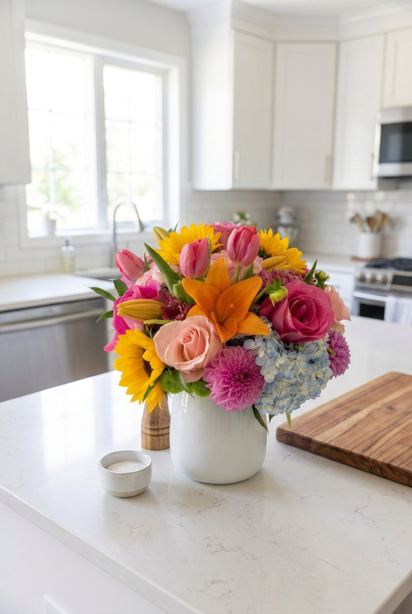 A vibrant, multicolor floral arrangement featuring pink roses, orange lilies, yellow sunflowers, and blue hydrangeas in a white ceramic vase, set on a wooden table next to a wooden bento box.