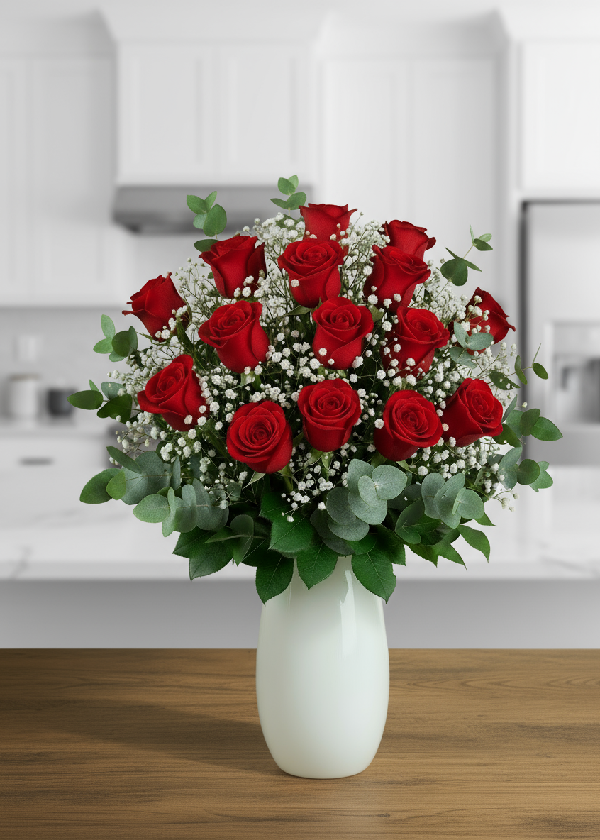 Bouquet of red roses in a white vase on a wooden table with a kitchen background