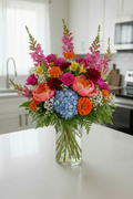 Colorful flower arrangement in a kitchen setting