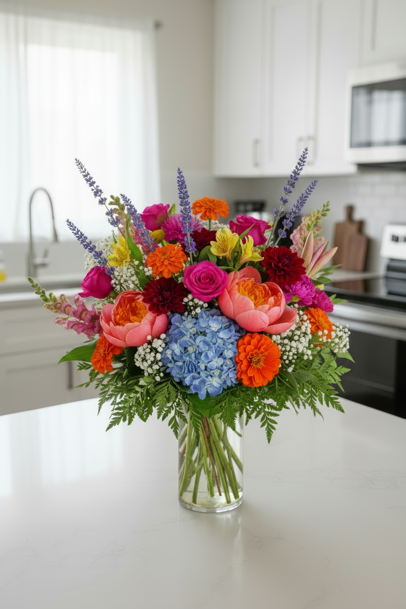 Colorful flower arrangement in a kitchen setting
