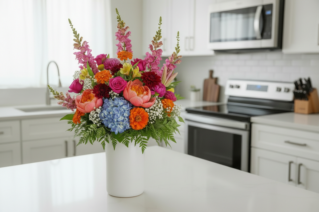 Colorful flower arrangement in a kitchen setting with a microwave and oven.