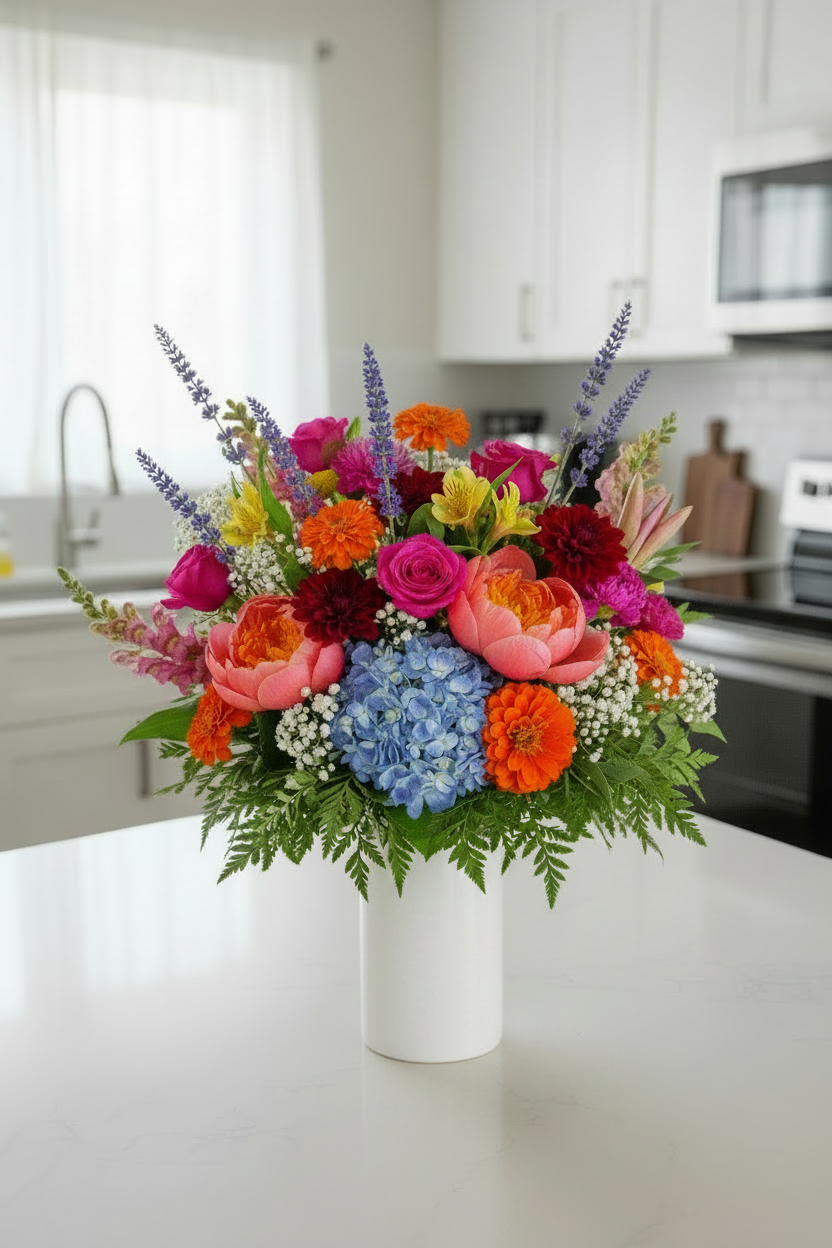 Colorful flower arrangement in a white vase on a kitchen counter