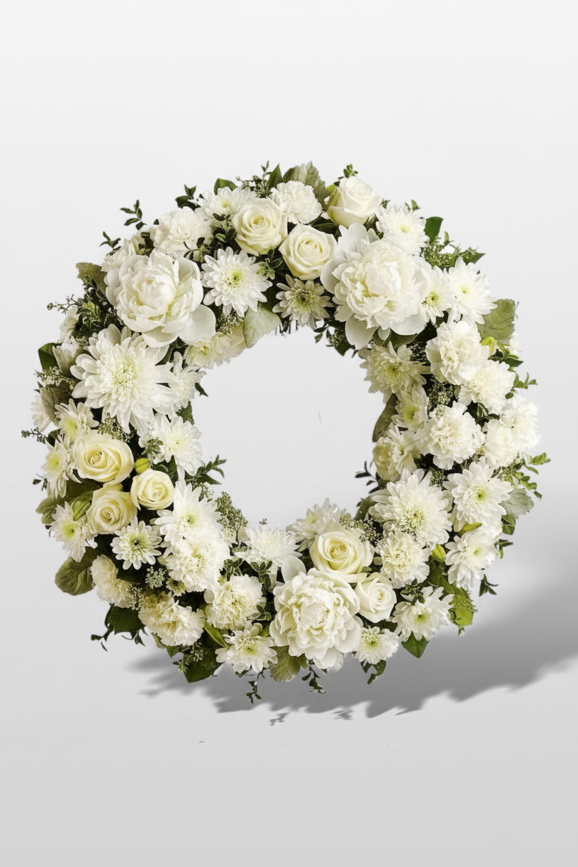 A circular floral wreath composed of white roses, white daisies, and green foliage, photographed against a light gray studio background.