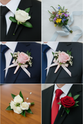 Collage of various floral boutonnieres on suits with different flowers and colors.