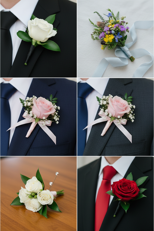 Collage of various floral boutonnieres on suits with different flowers and colors.
