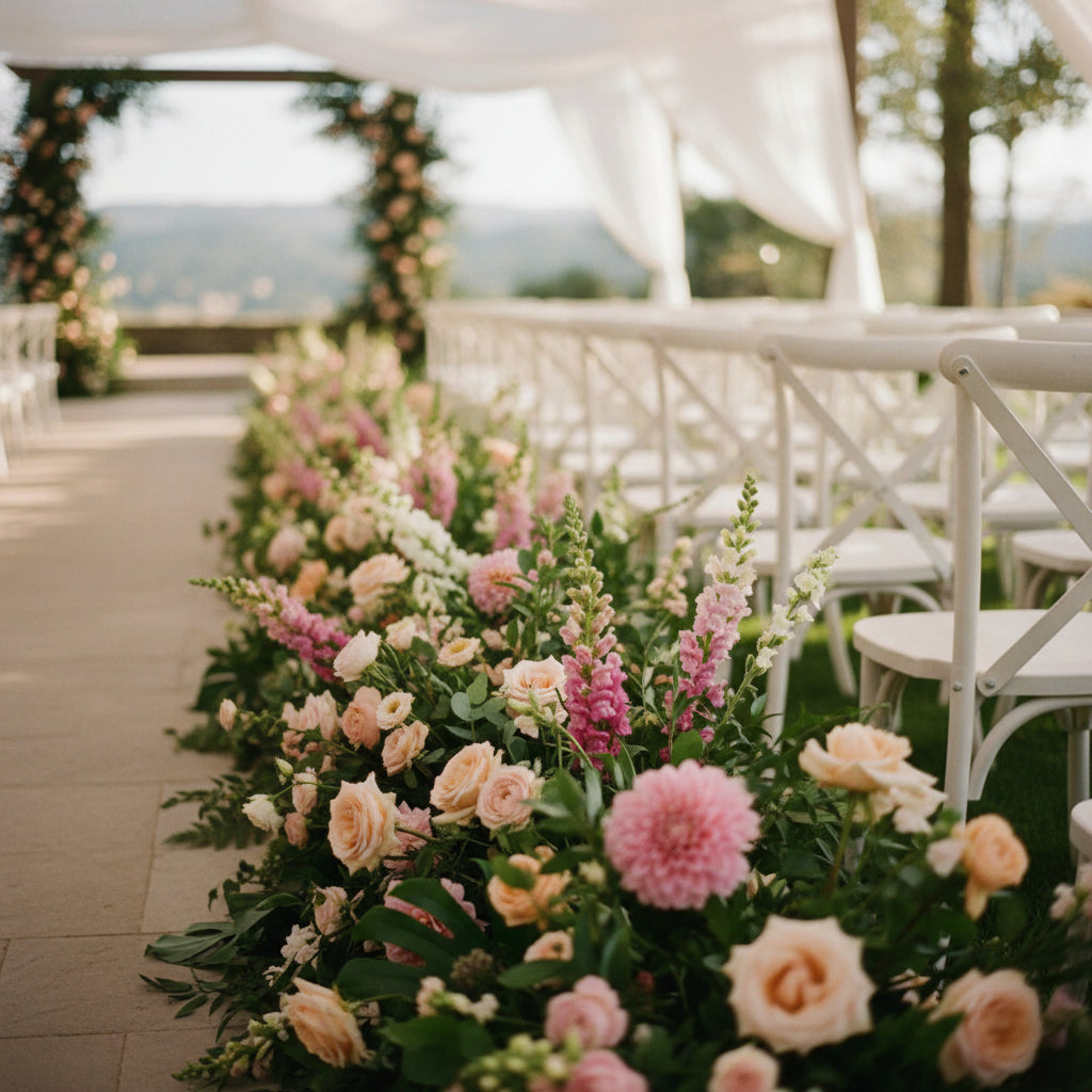 A floral aisle runner with pink, peach, and cream roses, yellow flowers, and green foliage arranged along the floor in front of rows of white chairs.
